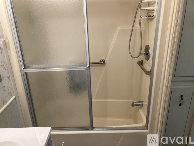 A shower stall with a glass door and a white tub.