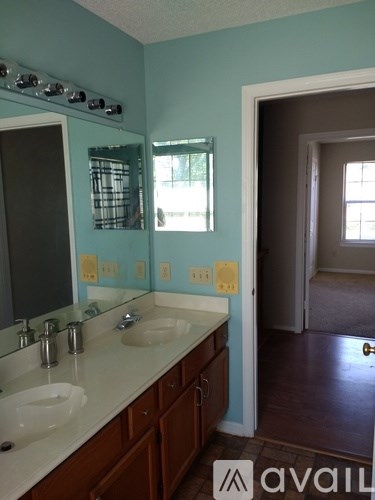 A bathroom with two sinks and a mirror.