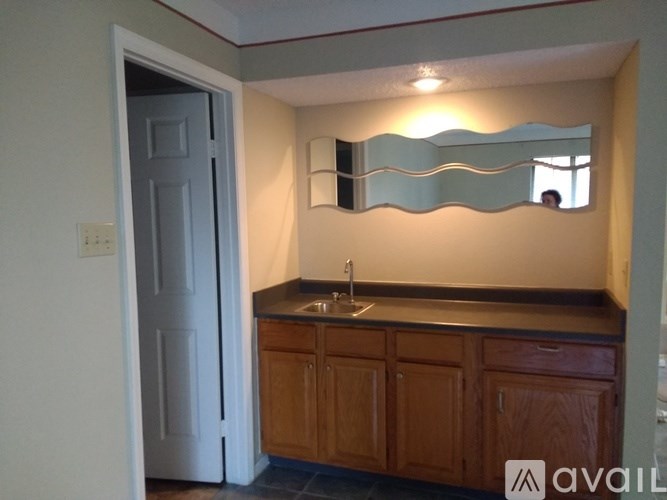 A bathroom with a sink and mirror.