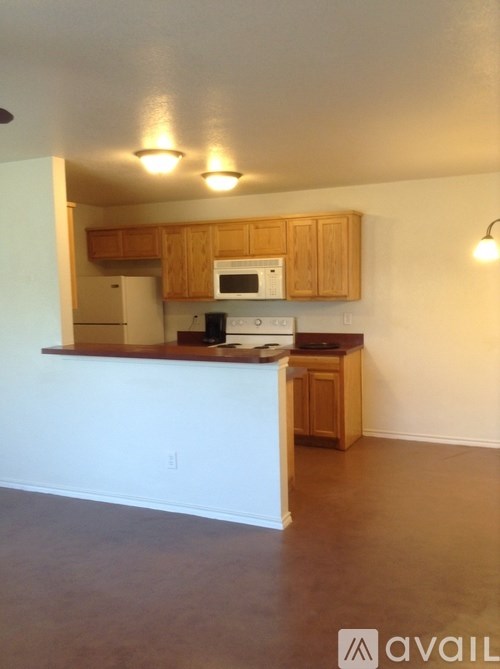 A kitchen with wooden cabinets and a white counter.
