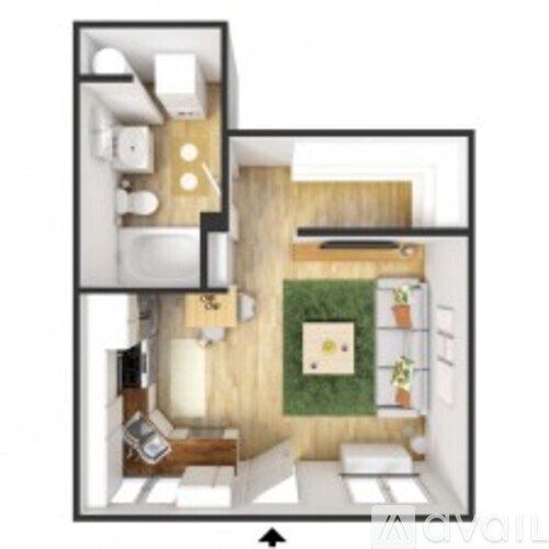 A small apartment with a kitchen, living room, and bathroom.