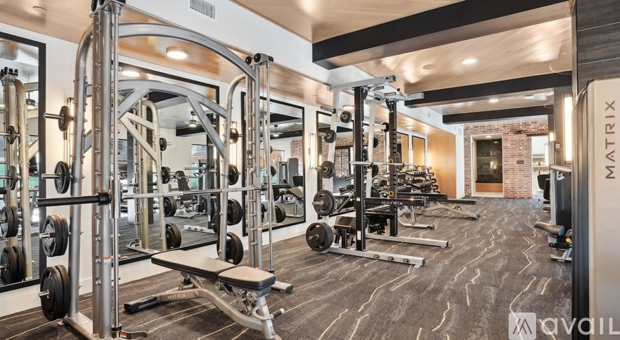 A gym with a variety of equipment including a squat rack, bench and weights.