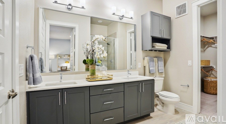 A bathroom with a vanity, toilet, and a mirror.