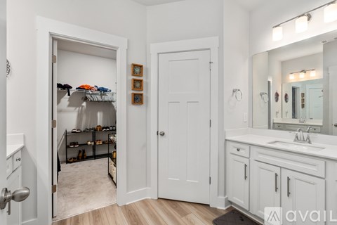 A white bathroom with a walk in closet.