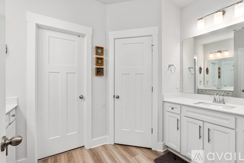 A bathroom with white doors and cabinets.