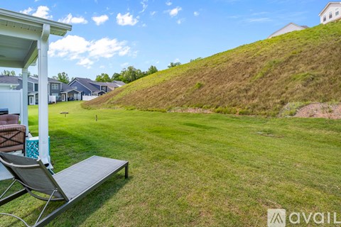 A backyard with a lawn and a chair.