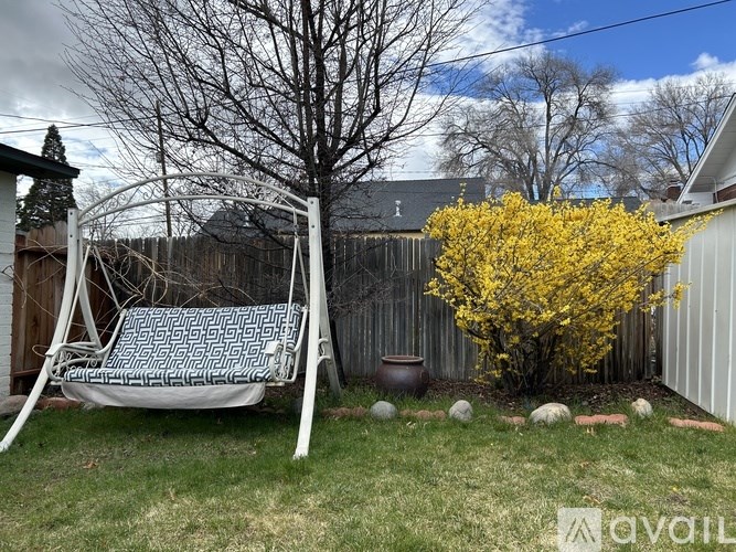 A swing chair is in a yard with a bush with yellow flowers.