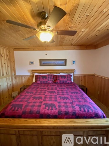A bedroom with a bed covered in a pink and purple patterned comforter.