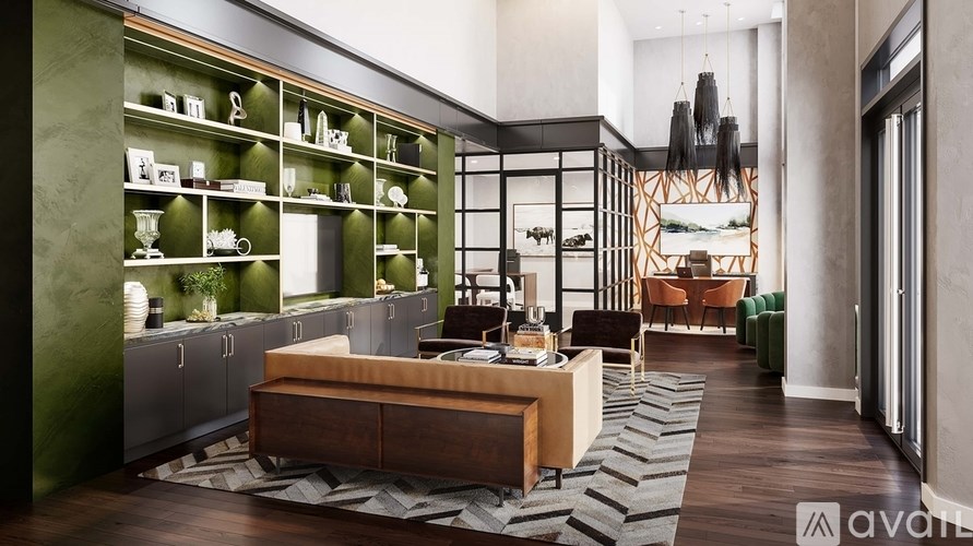 A modern living room with a green accent wall and a wooden coffee table.