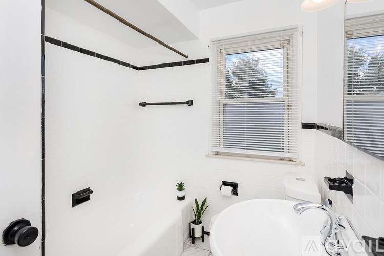 A white bathroom with a black shower head and a small plant on the sink.