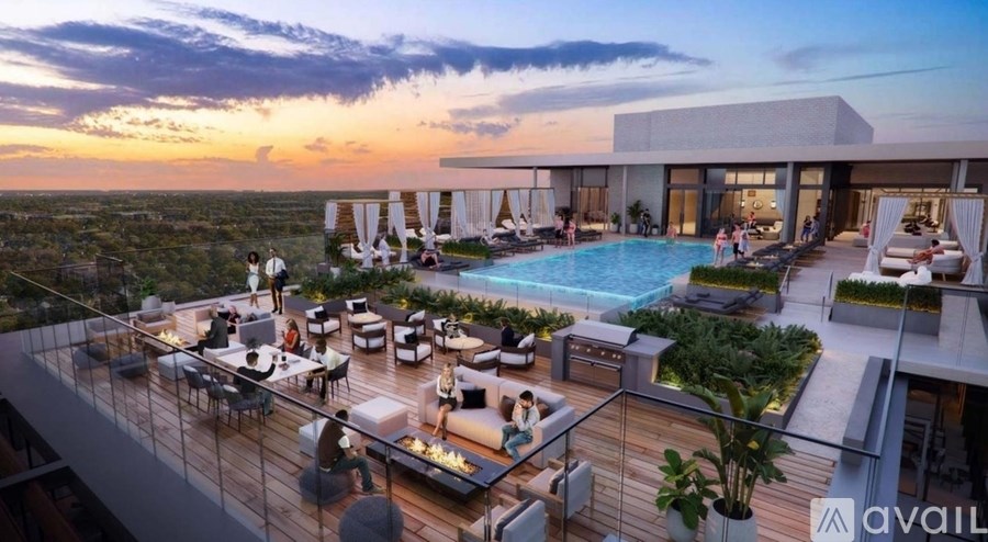 A modern outdoor living space with a pool and lounge area.