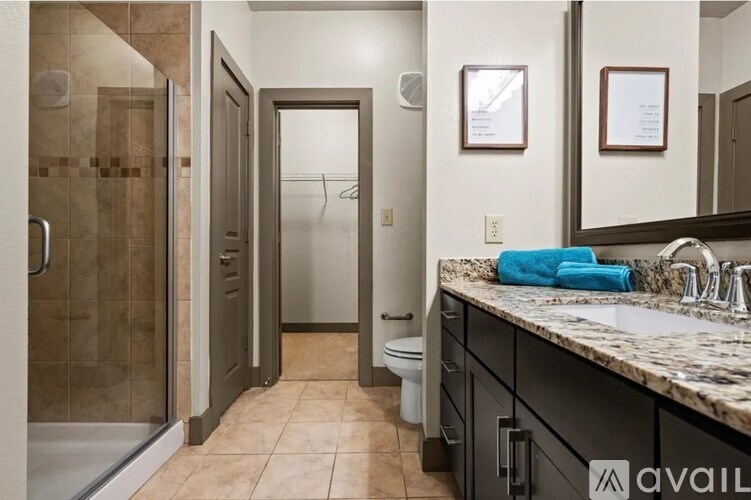 A bathroom with a walk-in shower, toilet, and sink.