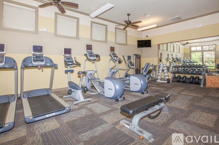 A gym with treadmills, exercise bikes, and elliptical machines.