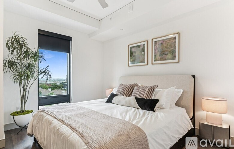 A bedroom with a large bed and a plant in a pot.