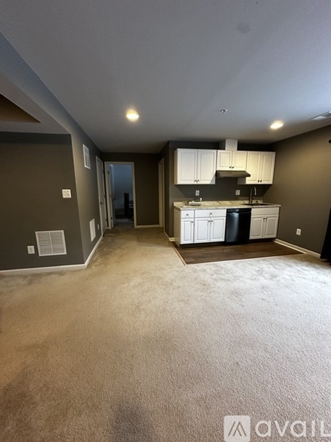 A carpeted room with a kitchen area in the background.