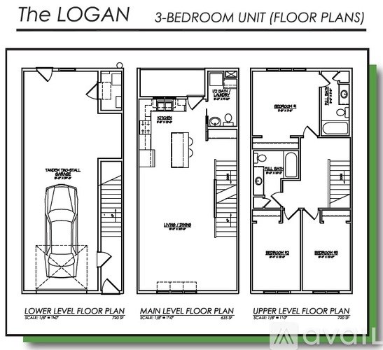 Three floor plans for a 3-bedroom unit named The LOGAN.