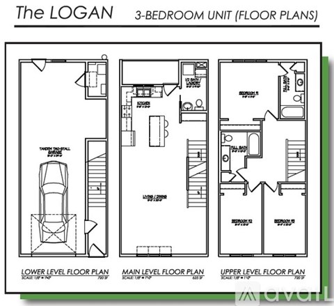 Three floor plans for a 3-bedroom unit named The LOGAN.