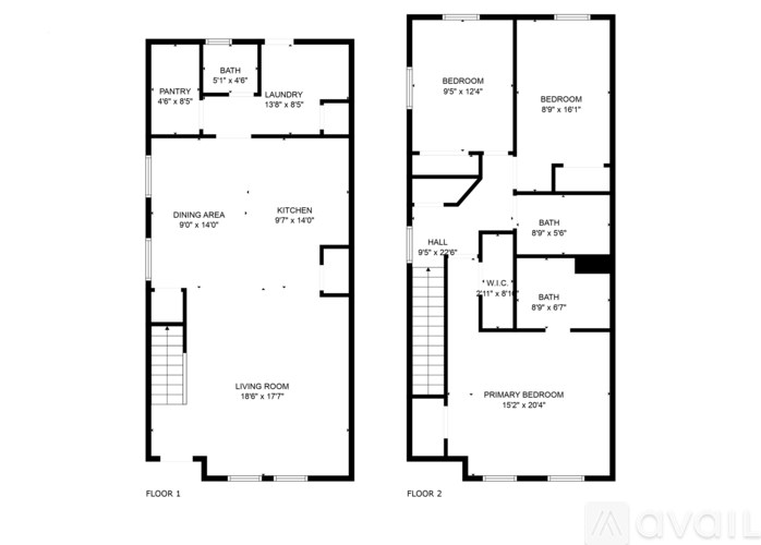 A floor plan of a two-story house with two bedrooms, a living area, a dining area, a kitchen, a laundry room, and bathrooms.