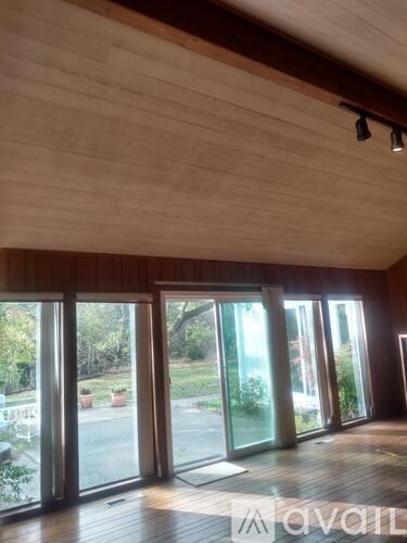 A room with wooden floors and ceilings and a wall of windows.