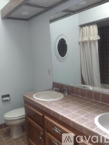 A bathroom with a toilet, sink, and mirror.