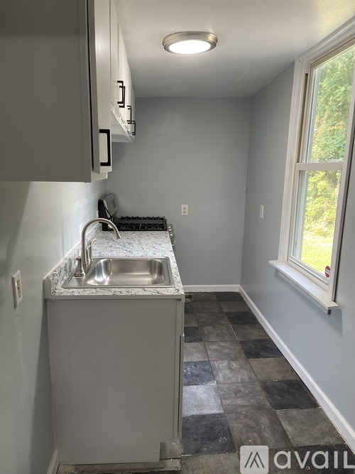 A kitchen with a sink and a window.
