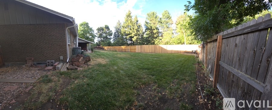 A backyard with a wooden fence and a green lawn.