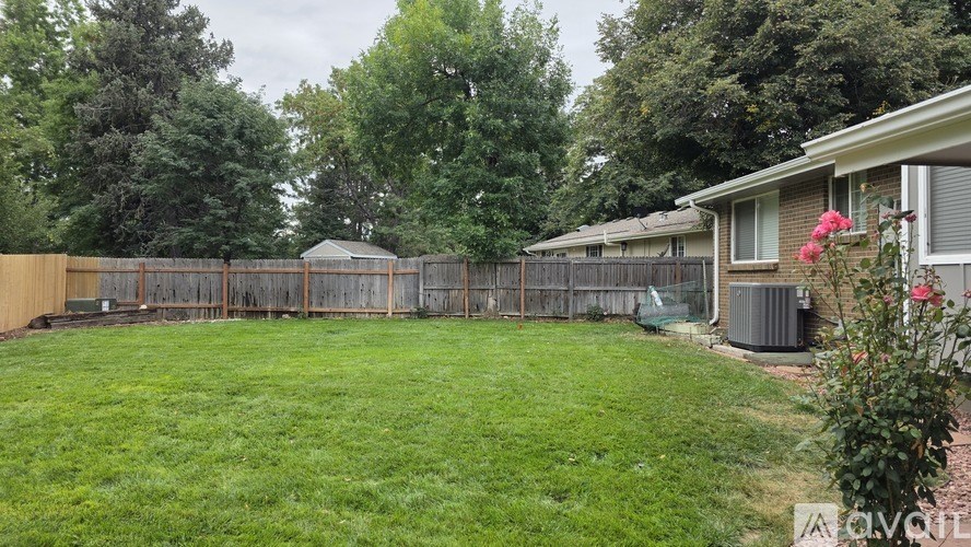 A backyard with a fence, a green lawn, and a house in the background.