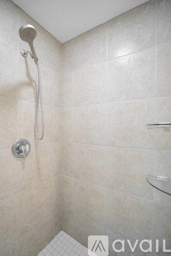 A shower area with a tiled wall and a shower head.