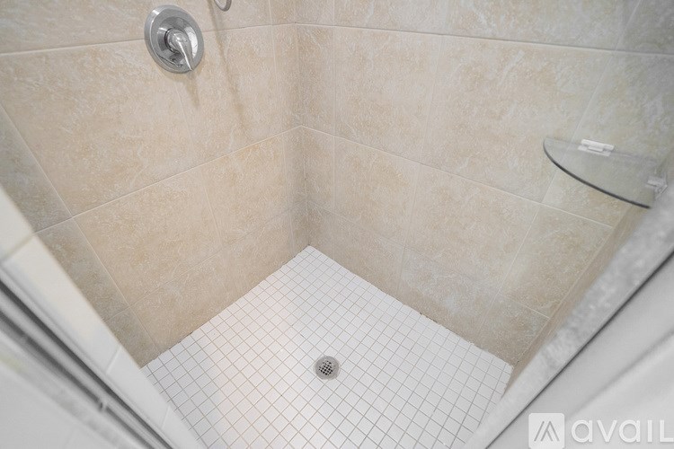 A shower with a tiled floor and walls.