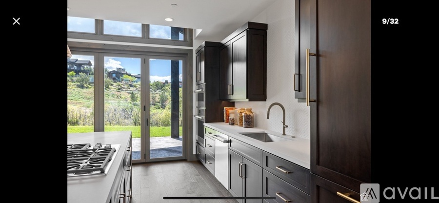 A modern kitchen with dark wood cabinets and a large window overlooking a green landscape.