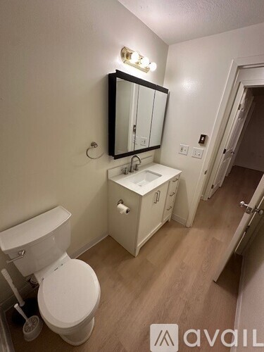 A white toilet sits in a small bathroom with a sink and mirror.
