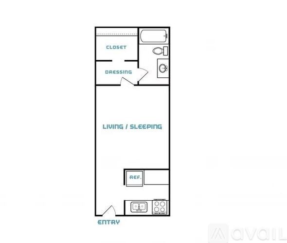 A floor plan of an apartment with a closet, dressing area, living/sleeping area, and an entry/exit.