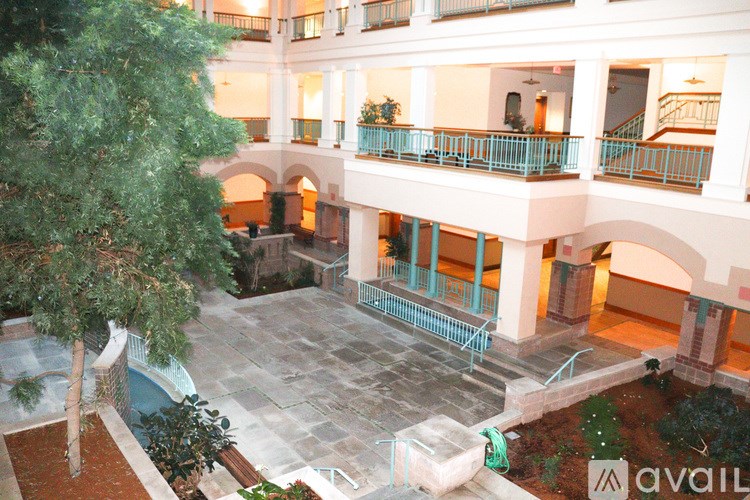 A courtyard with a pool and a tree.