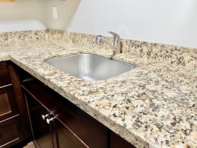 A granite countertop with a sink and faucet.