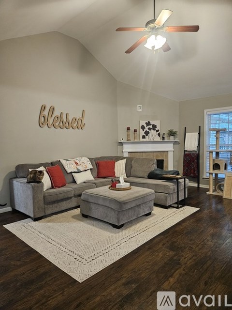 A living room with a grey couch and a rug with a fireplace in the background.