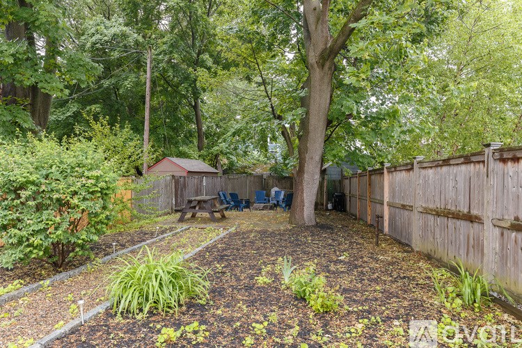 A backyard with a picnic table and a tree.