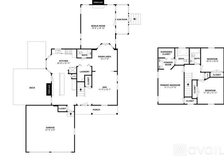 A floor plan of a house with a bonus room, dining area, kitchen, laundry, deck, porch, and two bedrooms.