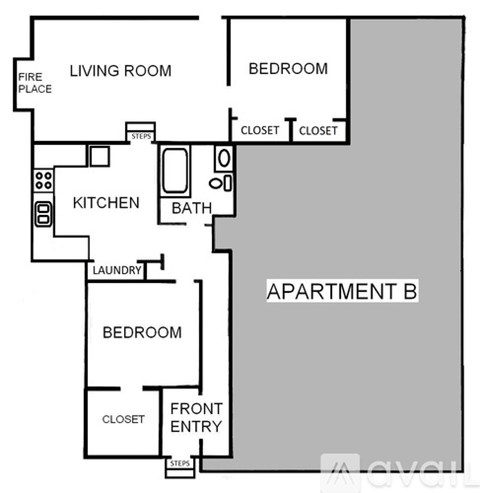 A floor plan of Apartment B showing a living room, kitchen, bath, and two bedrooms.