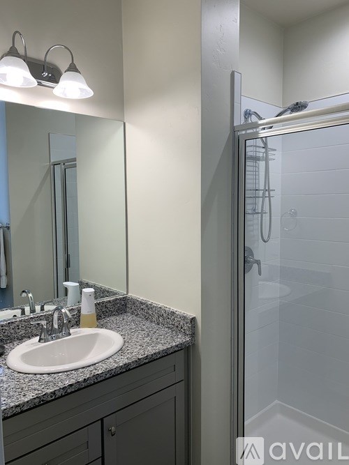 A bathroom with a sink, mirror, and shower.
