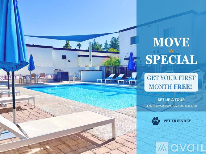 A poolside advertisement offers a free month for the first month.