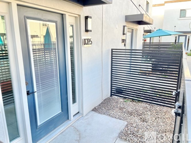 A blue door with a glass window is on the left and a black gate is on the right.