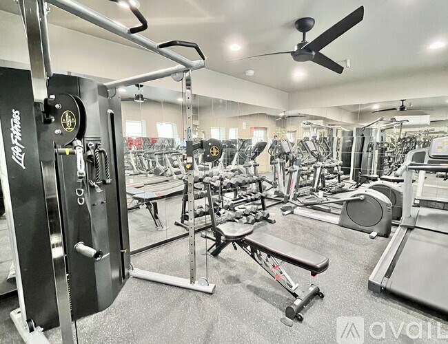 A gym with a variety of equipment including a squat rack, bench press, and treadmill.