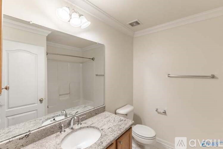 A bathroom with a sink, toilet, mirror, and a towel bar.