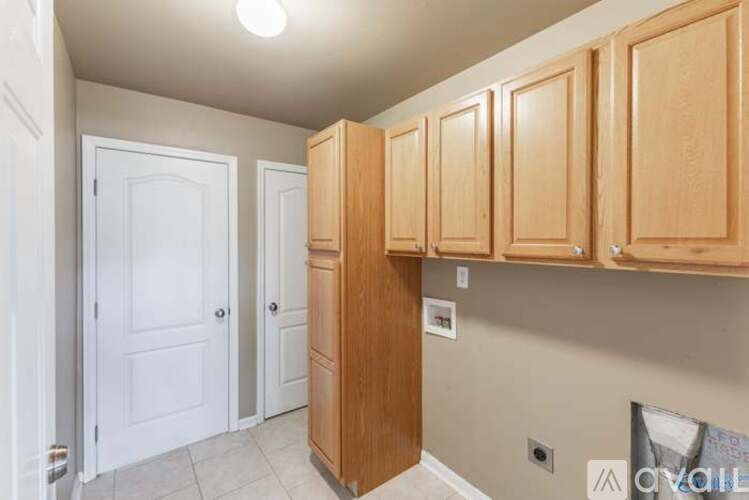 A kitchen with wooden cabinets and a white door.