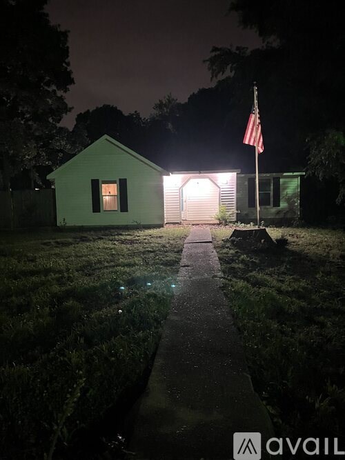 A green house with a flag on a flagpole stands in the grass at night.
