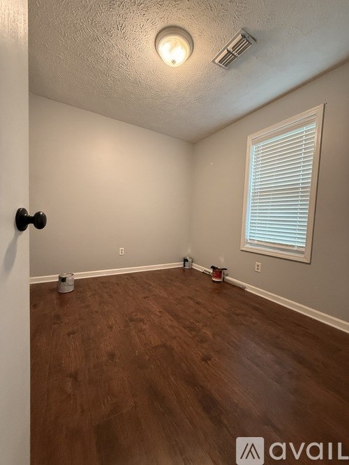 A hallway with a green door and a wooden floor.