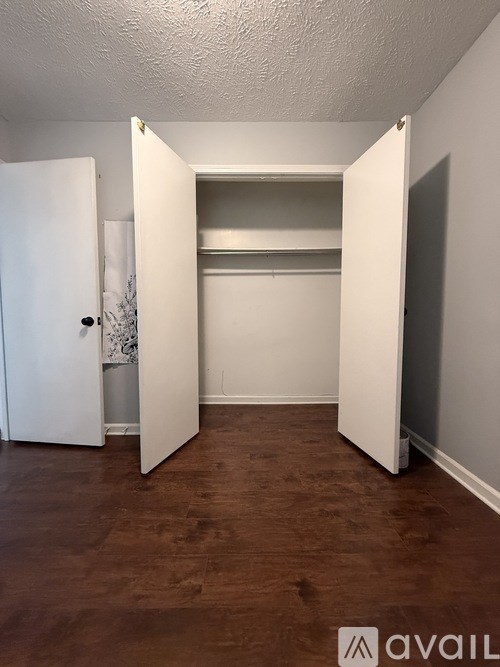 A room with a green wall and a wooden door.