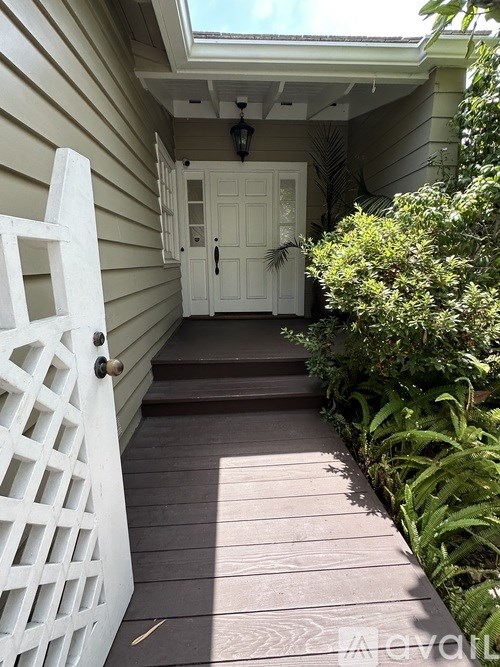 A white door is at the end of a wooden walkway.