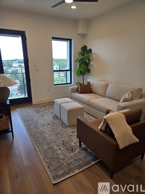 A living room with a brown couch, a grey rug, and a plant.