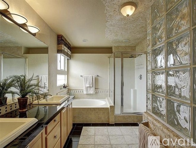 A bathroom with a large tub and a glass block wall.